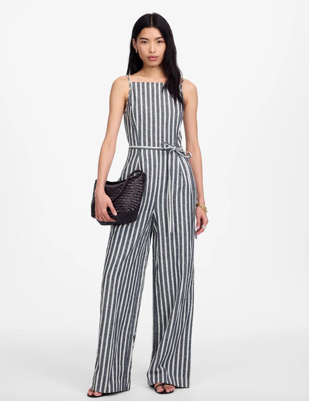 Madewell Pleated Wide Leg Jumpsuit Pinstripe Linen Navy White Resort US 00 NWT